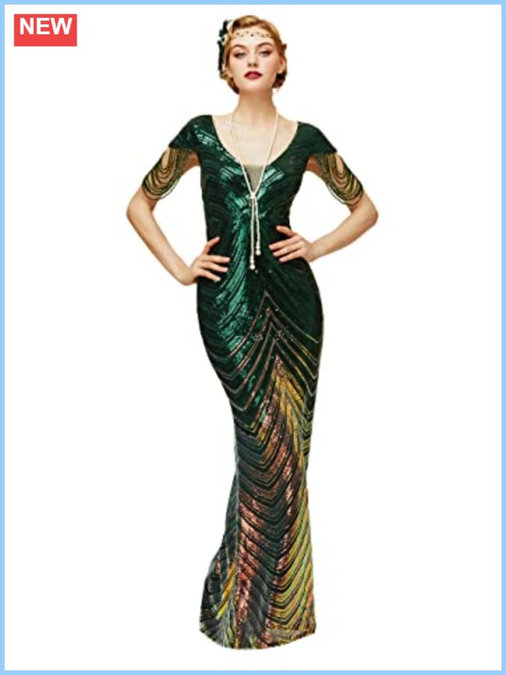Sequin Bodycon Maxi Prom Gown V Neck Fringe Sleeve Formal Dress